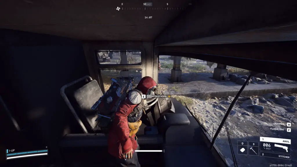 A player interacting with a bus horn in the Checkpoint area of Arc Raiders.