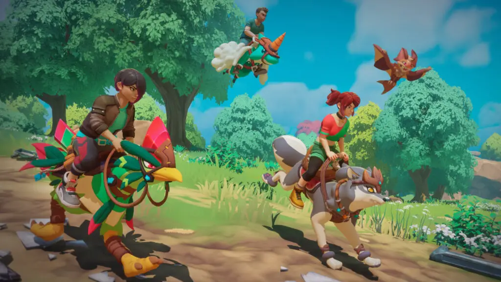 Players riding Temtem through an open world