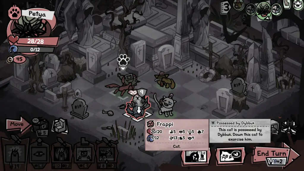 Mewgenics Dybbuk: A player fighting Dybbuk in a graveyard, who's possessed another cat.