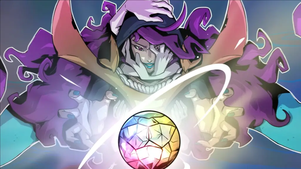 Handmancers wizardly figure with purple hair reaches for a rainbow-hued orb.