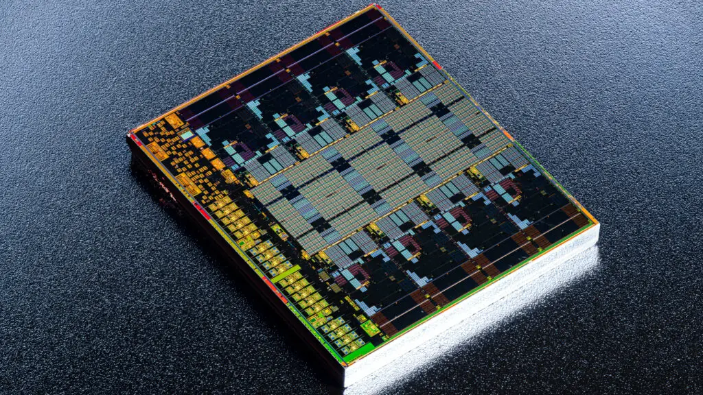 A highly detailed photograph of an AMD Zen 5 CCD chiplet, showing the fundamental cores and cache structures