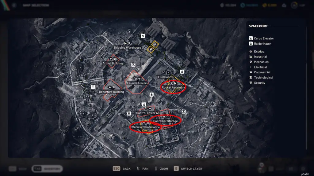 Map of Spaceport highlighting industrial zones for Cooling Coils