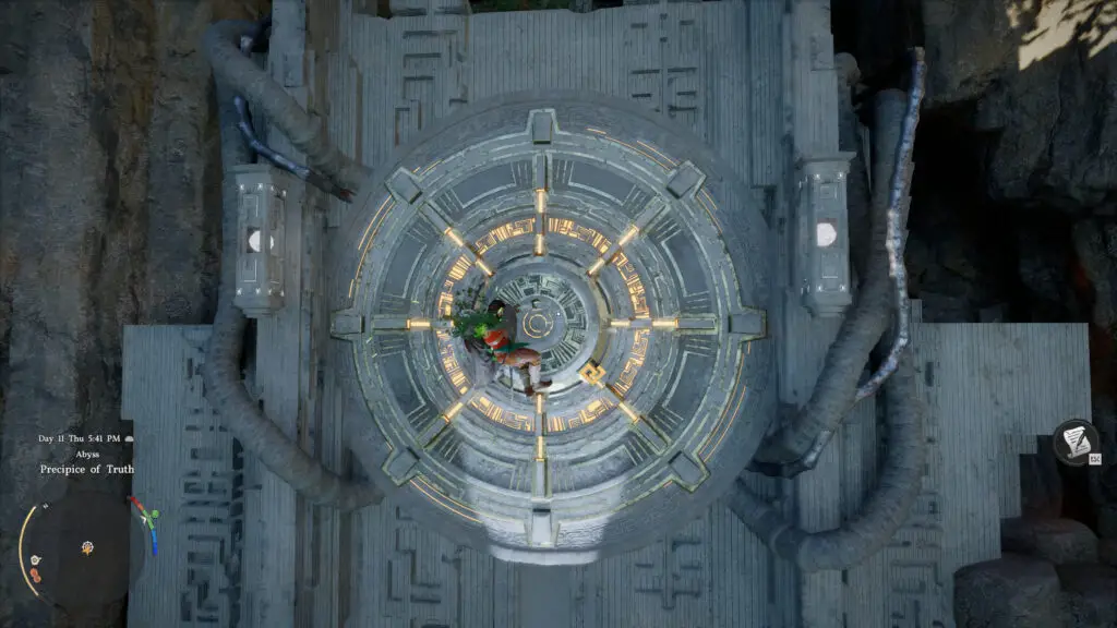 Crimson Desert Precipice of Truth: Kliff holding onto a circular pressure pad on a wall.