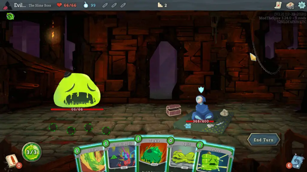 The Slime Boss visiting a merchant in Downfall, a mod for Slay the Spire.