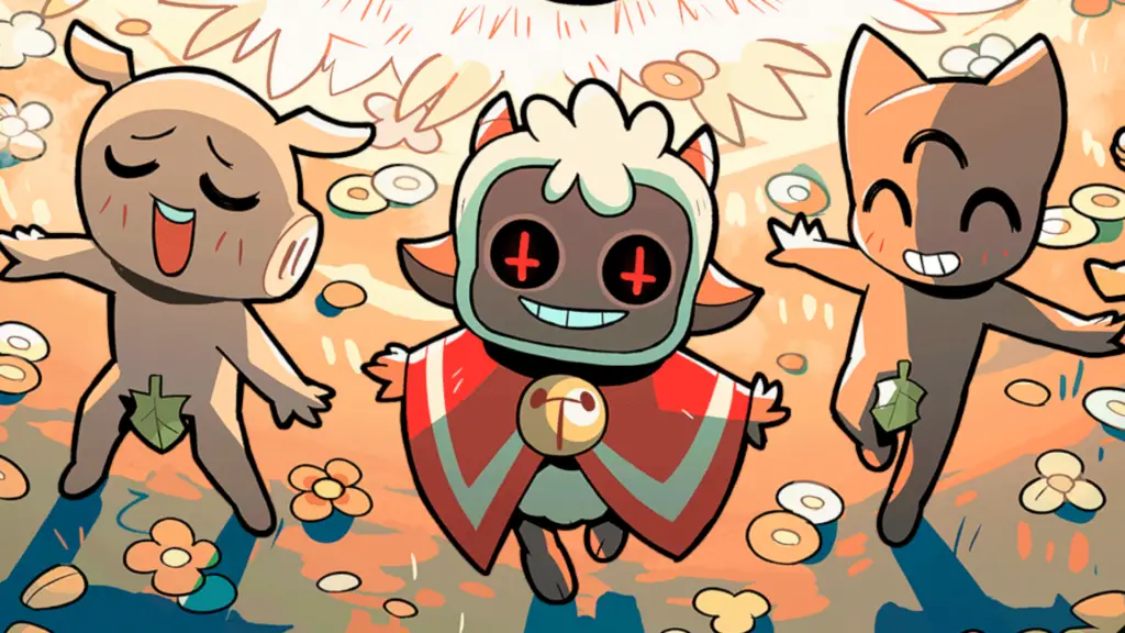 A lively scene of anthropomorphic characters from Cult of the Lamb