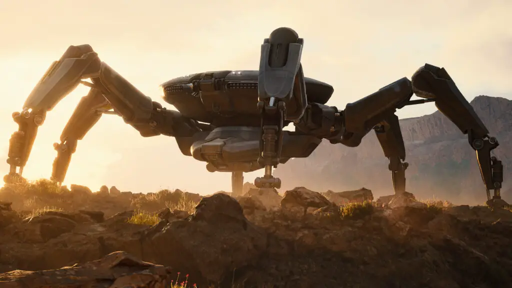 Arc Raiders Arc Flex Rubber: A Queen enemy walking on a rocky ledge.