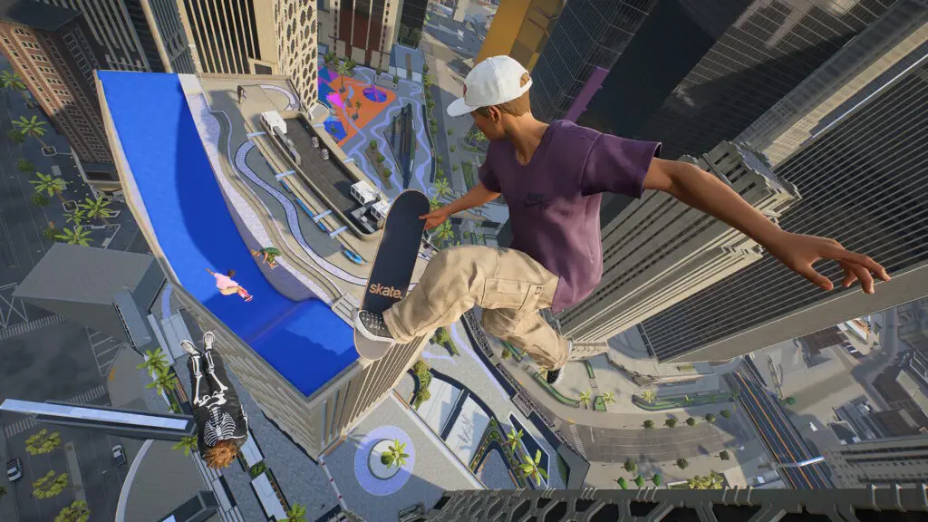 Skate reboot gameplay featuring a skater performing a high-air trick