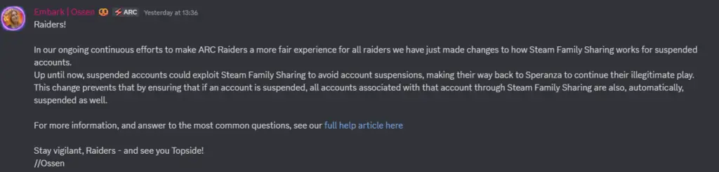 Arc Raiders discord screenshot showing the Steam Family Sharing policy update