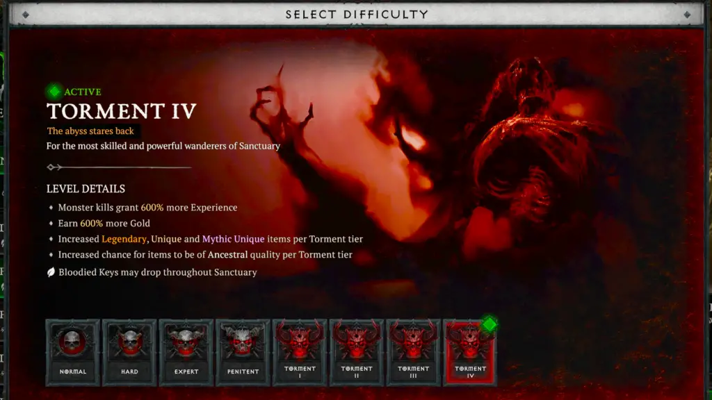Diablo 4 difficulty settings screenshot