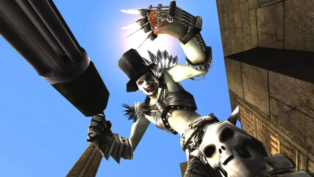 Unreal Tournament 2004 player character celebrating a victory in a futuristic arena.