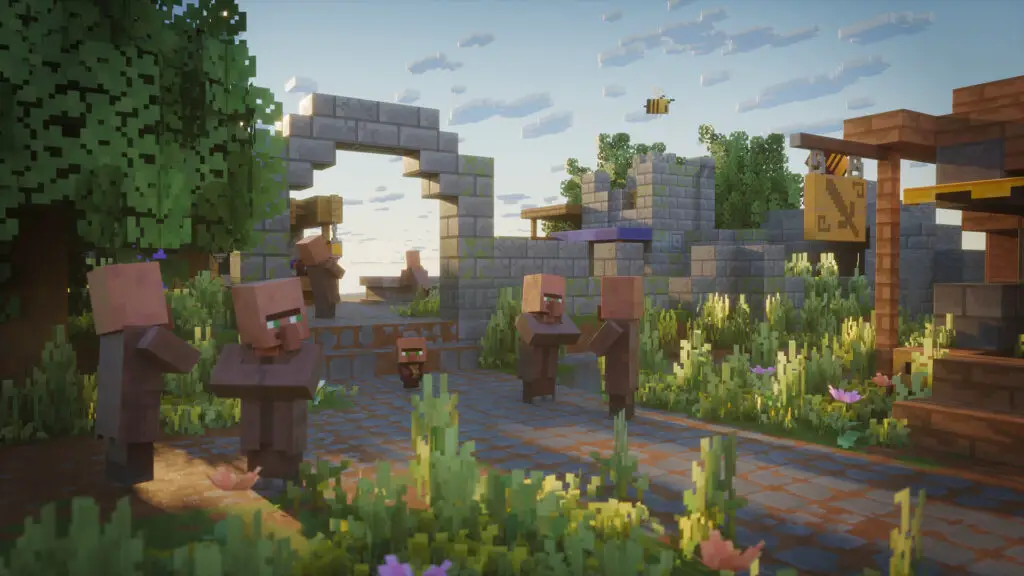 A group of Minecraft villagers in a peaceful town setting