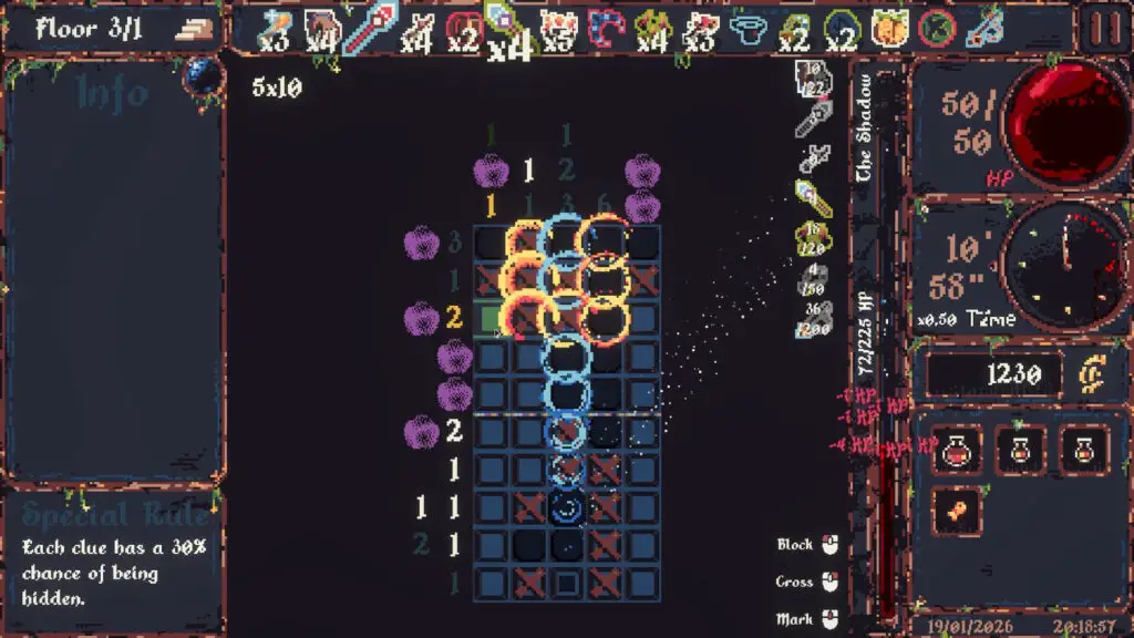 A player triggers a cascade of artifact effects in CiniCross.