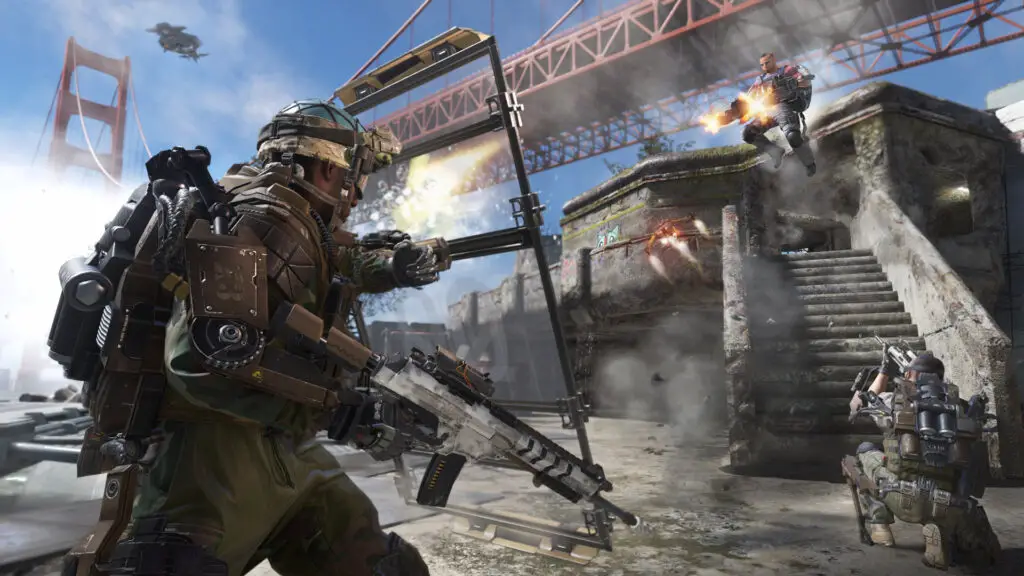 Advanced Warfare: A soldier using a riot shield to block gunfire from a jumping player.