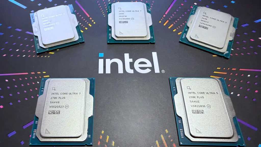 A group photo of Intel's primary Arrow Lake and Arrow Lake Refresh desktop processors (Core Ultra 9 285K, Core Ultra 7 265K, Core Ultra 5 245K, Core Ultra 7 270K Plus, Core Ultra 5 250K Plus) resting on top of an Intel-branded box