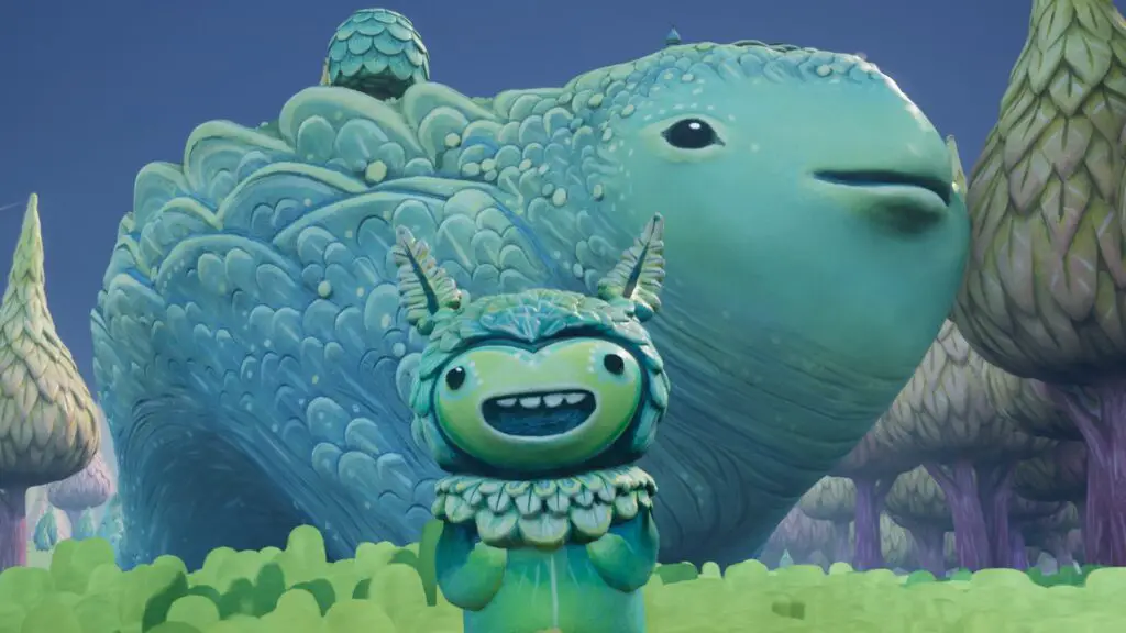 OddFauna - A leafy green character smiles while standing in a meadow in front of a giant whale-like land creature 