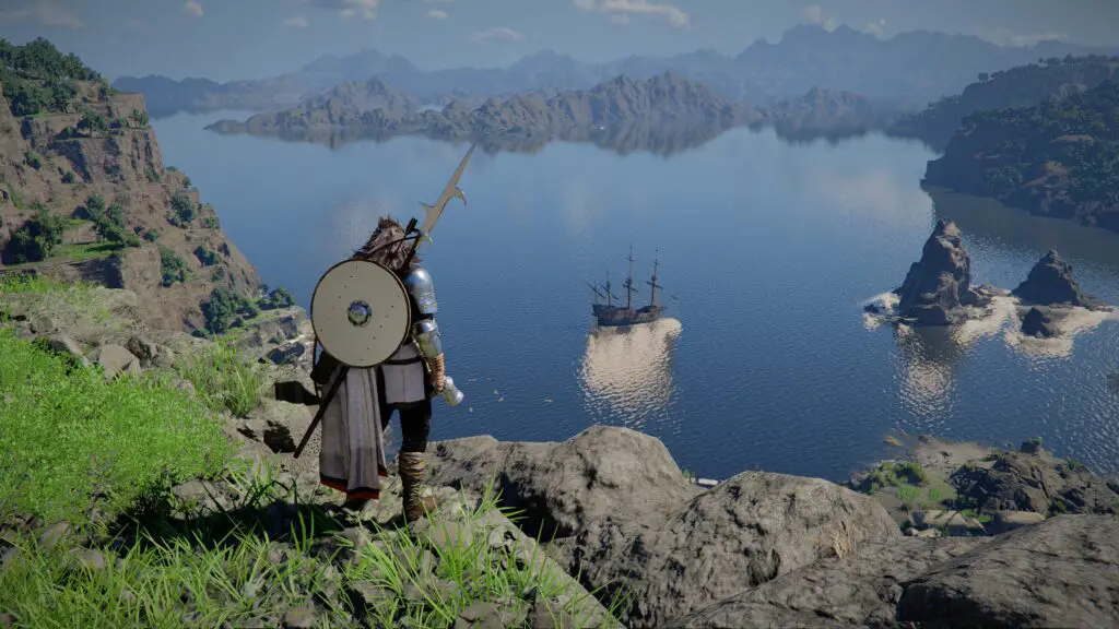 The Singing Catfish ship anchored off the coast of Vellua in Crimson Desert