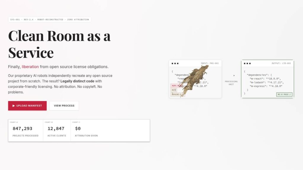 A screenshot of the homepage for Malus, an AI clean-room design software copying service.