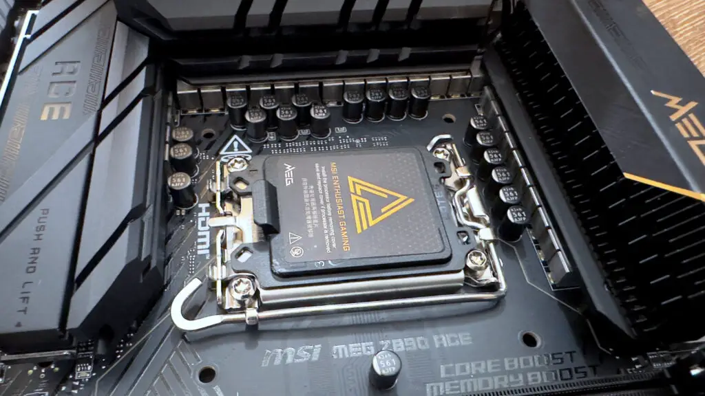 A close-up photo of the MSI MEG Z890 Ace motherboard, focused on the CPU socket.