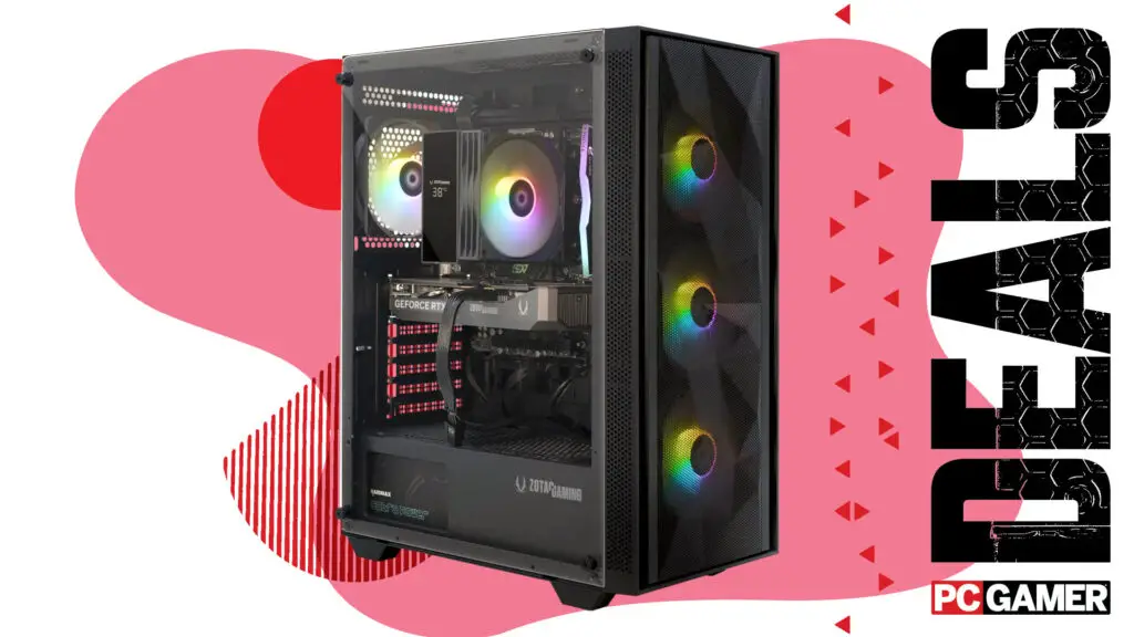 An image of a Zotac Gaming Mek gaming PC against a colorful background, with the phrase 'Deals' on the right side, above a PC Gamer logo