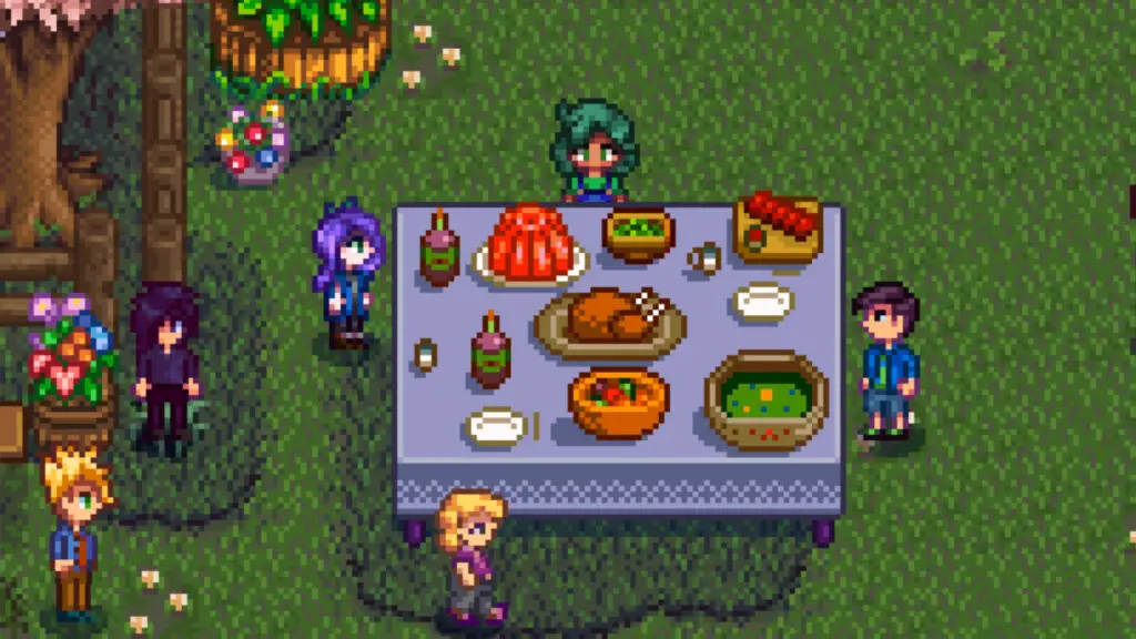 Stardew Valley - The player farmer standing at the Flower Dance festival's big dining table