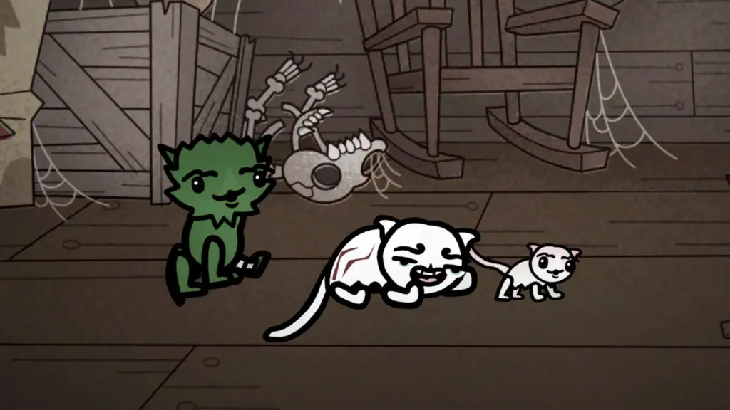 Mewgenics breeding guide: A green cat on the left next to a white cat on the floor and their kitten.