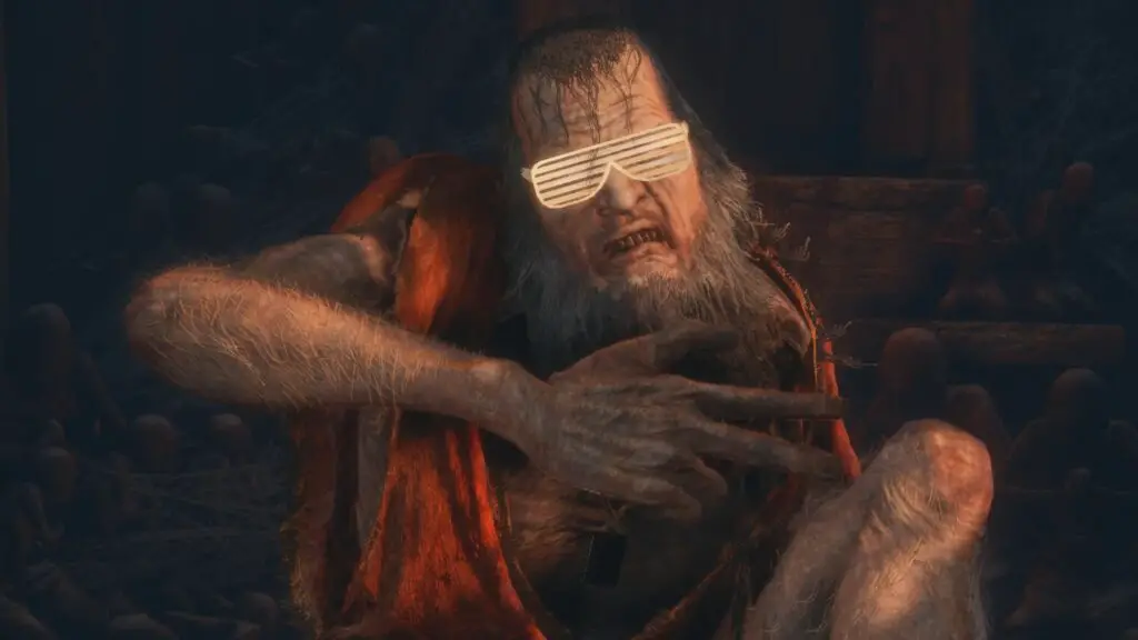 Sekiro's sculptor wearing plastic vented sunglasses