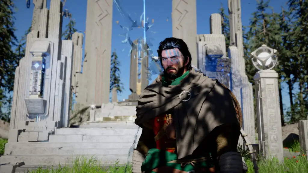 Kliff standing near the grand staircase at Root's End in Crimson Desert