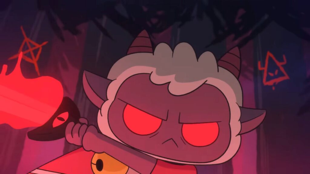 The iconic red-eyed lamb from Cult of the Lamb brandishing a sword