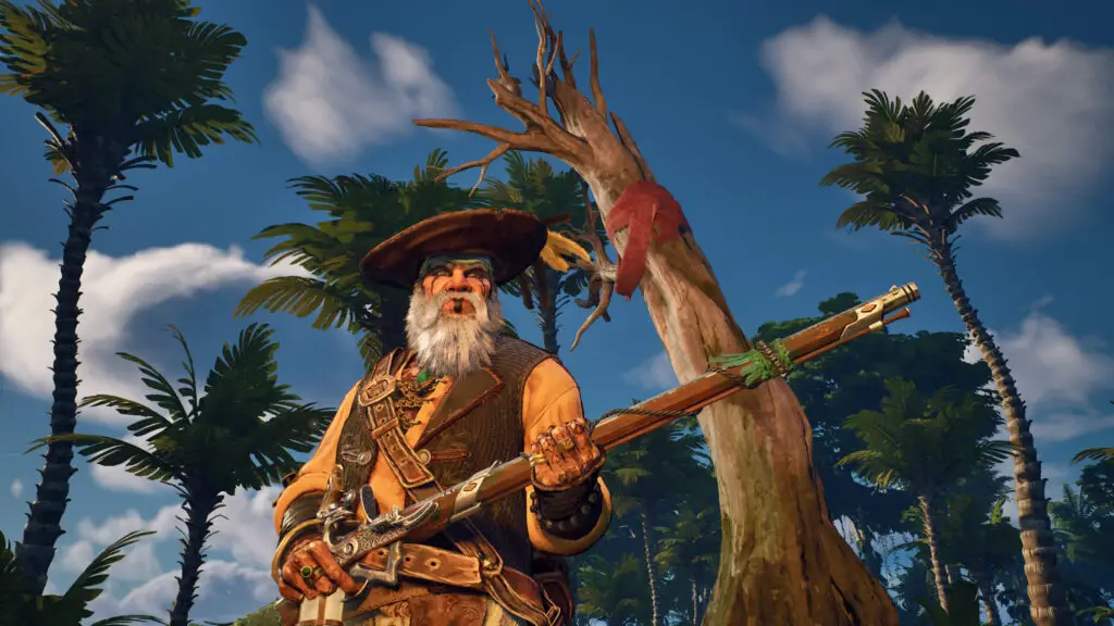 A pirate character looking frustrated in a small camp