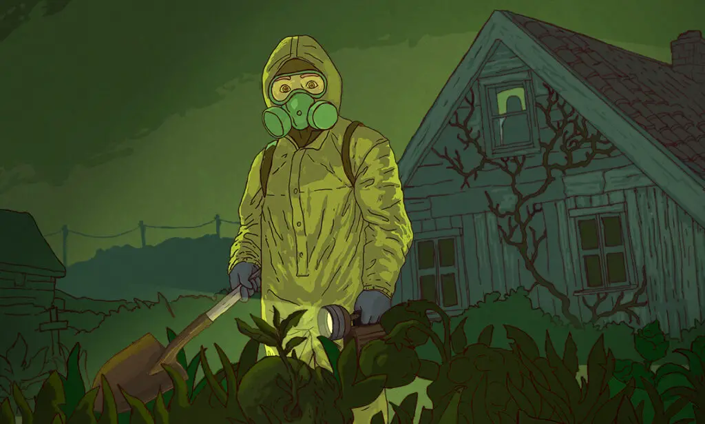 A farmer in a hazmat suit tending to crops