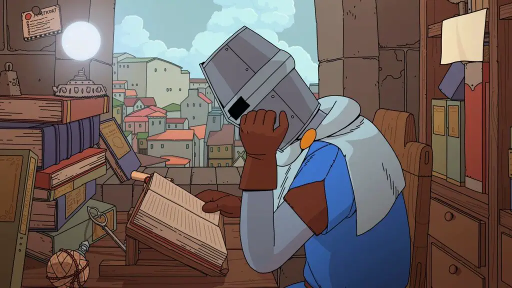 Esoteric Ebb's cleric protagonist reading in a city-view window