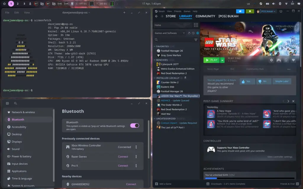PopOS Linux desktop with terminal and Bluetooth settings