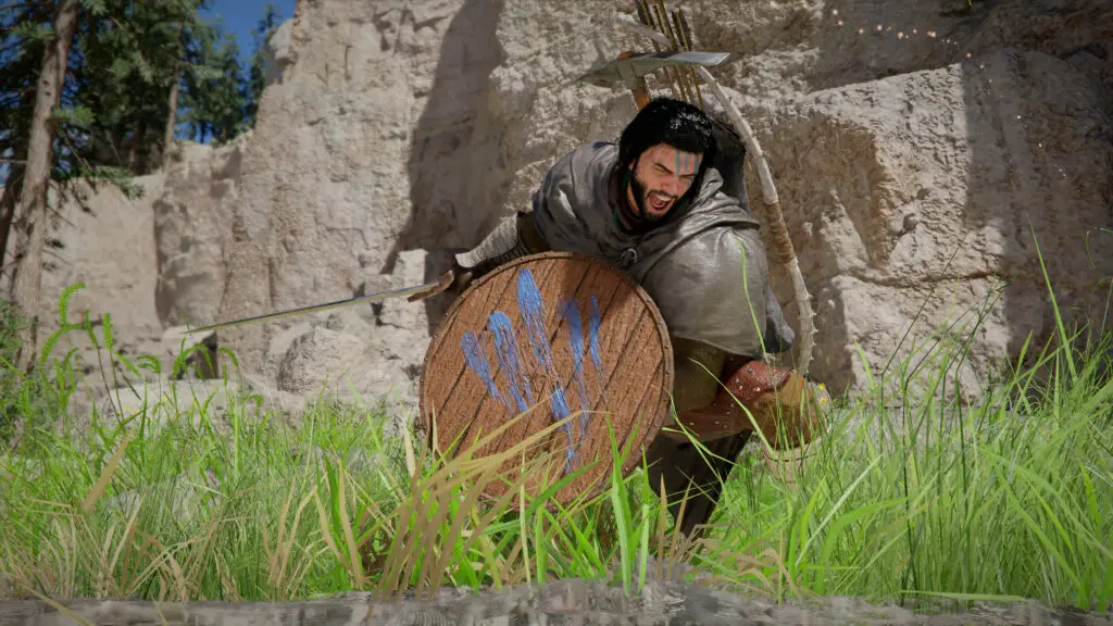 Crimson Desert skills: Kliff screaming with his eyes closed after doing a slicing dodge attack in a grassy environment.