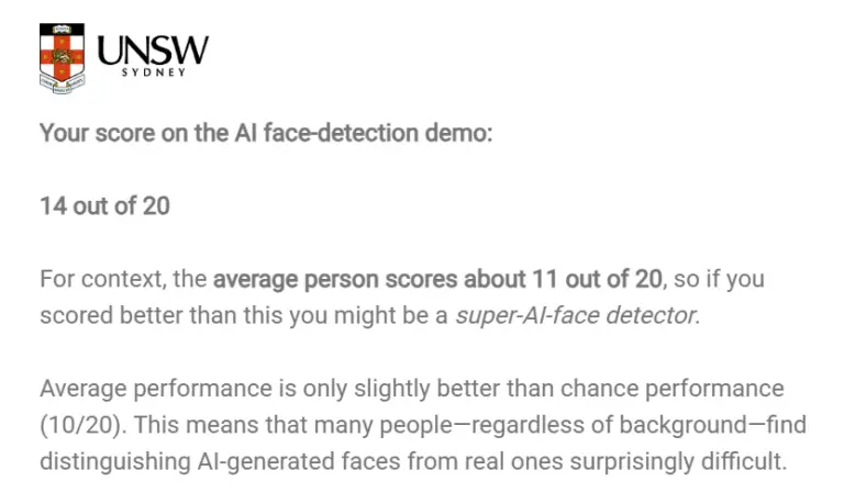 A screenshot showing a 14/20 score on the UNSW AI face detection test