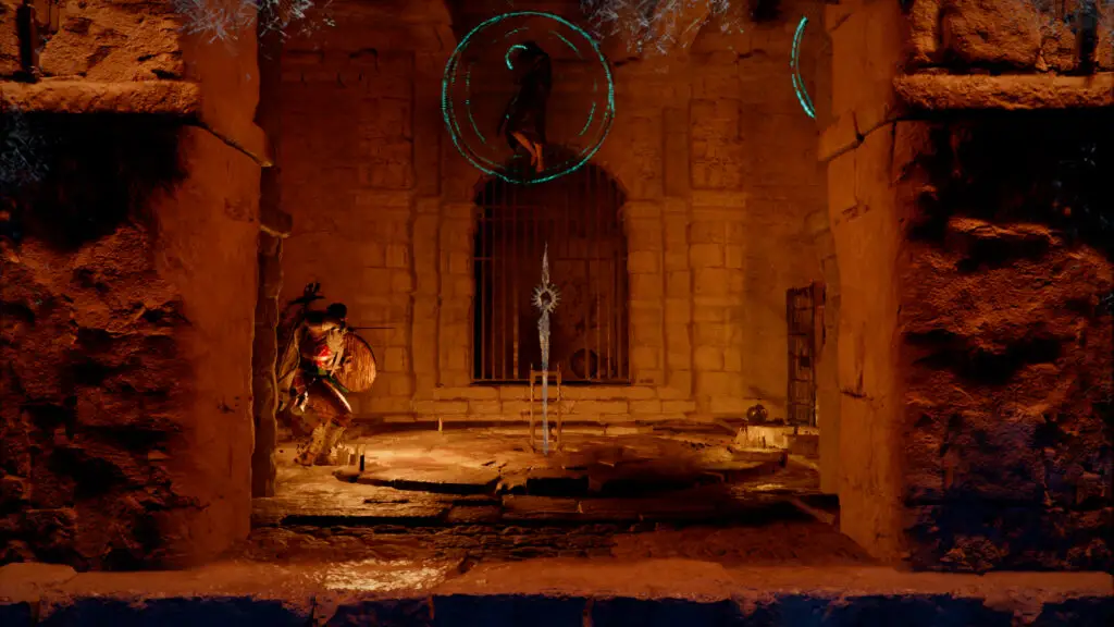 Crimson Desert Soul Spear: Kliff fighting two wizards in a small room in the ruin, next to the spear.