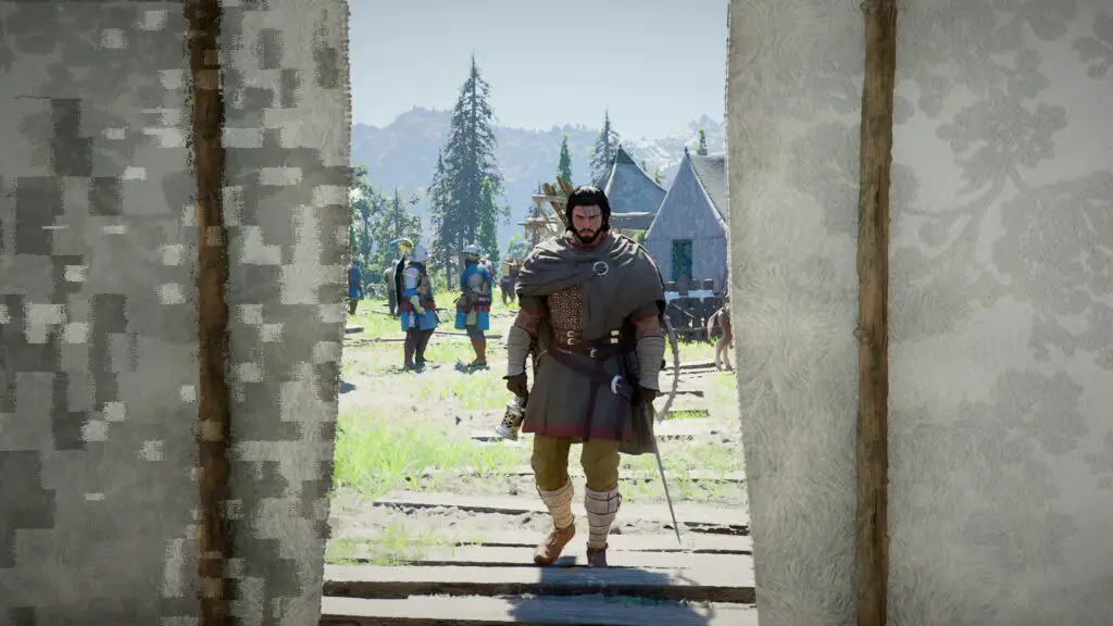 Kliff entering a tent in a camp.