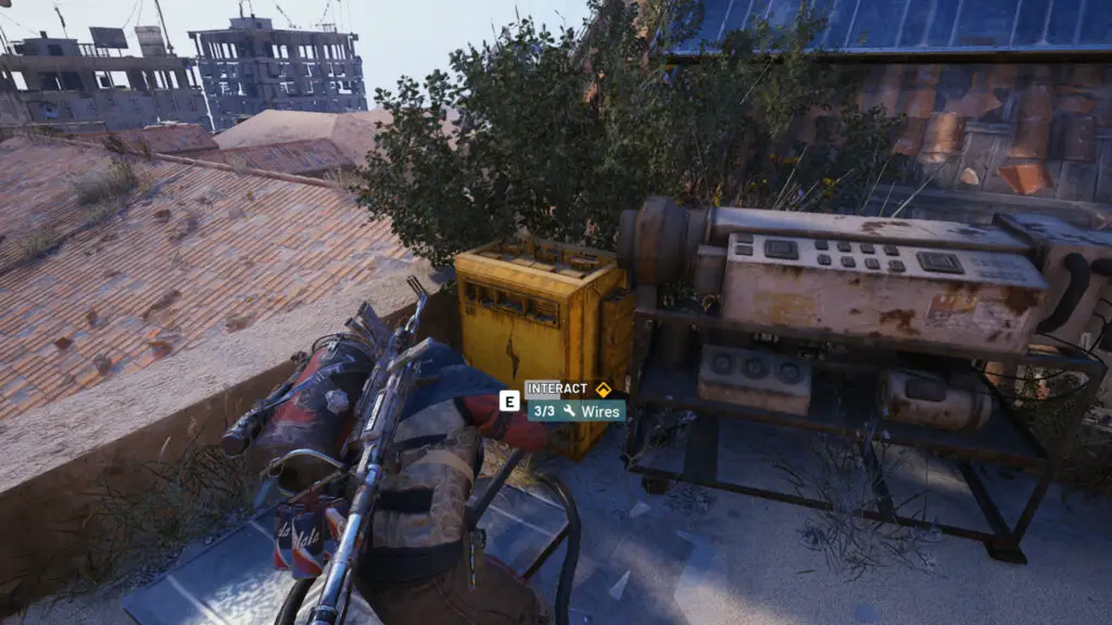 A player repairing a yellow electrical box on a rooftop in Arc Raiders.