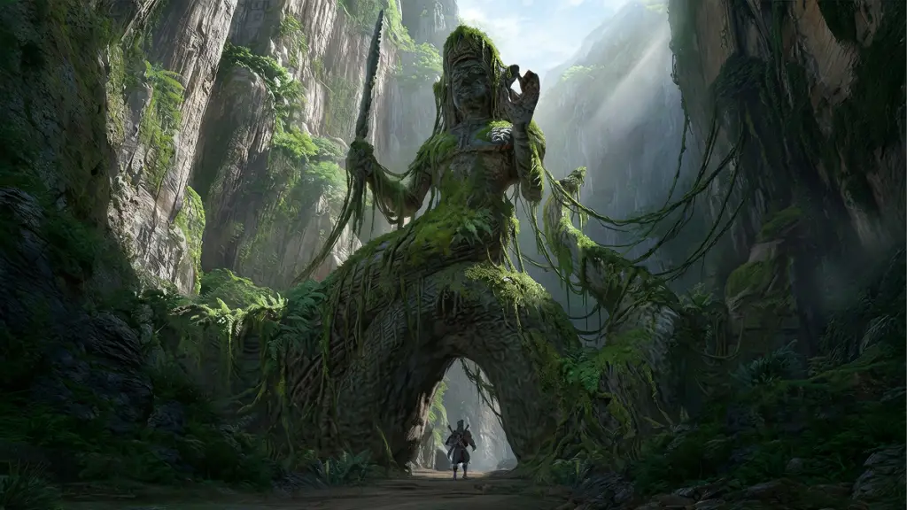 Project Windless concept art of the Hero King standing beneath an overgrown statue.