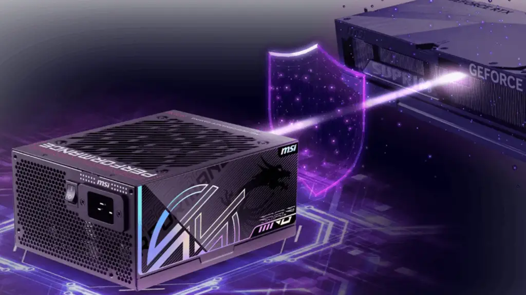 MSI power supply render showing it connected to a graphics card with a shield emblem.