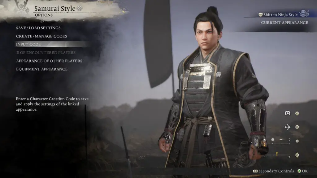 The character code input menu in Nioh 3