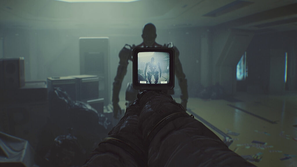 Routine screenshot showing a dark, atmospheric sci-fi environment with a robotic figure