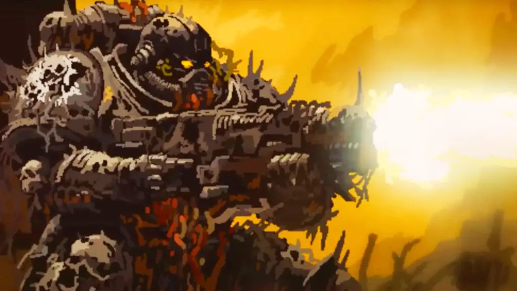 A heavily armored warrior fires a great big gun