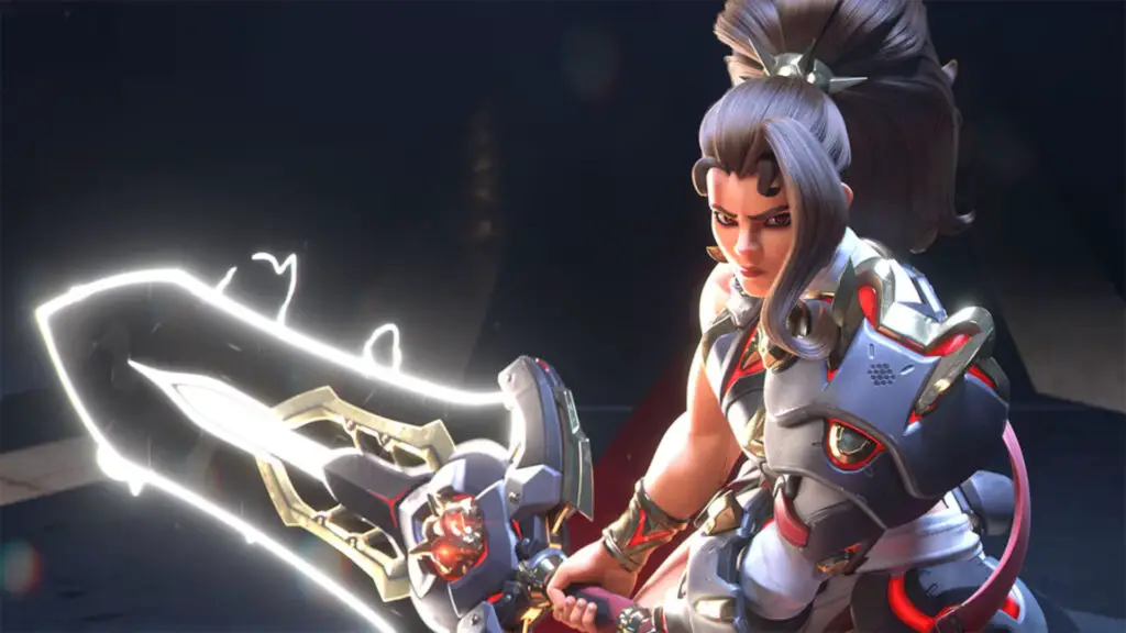 Overwatch: An upper-body image of Vendetta holding her sword to her right, with a determined facial expression.