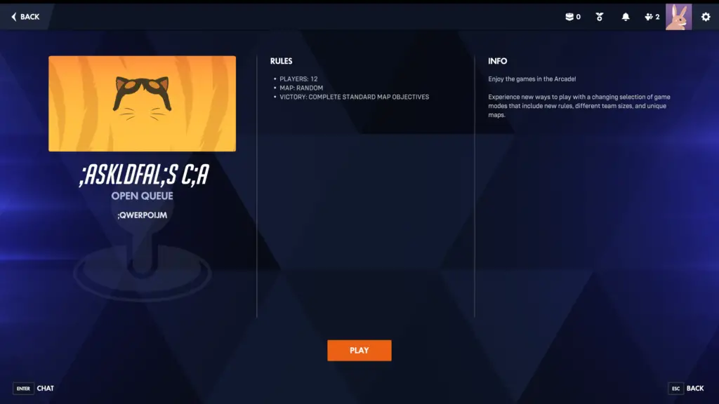 Overwatch Arcade menu showing the glitched title for Jetpack Cat mode