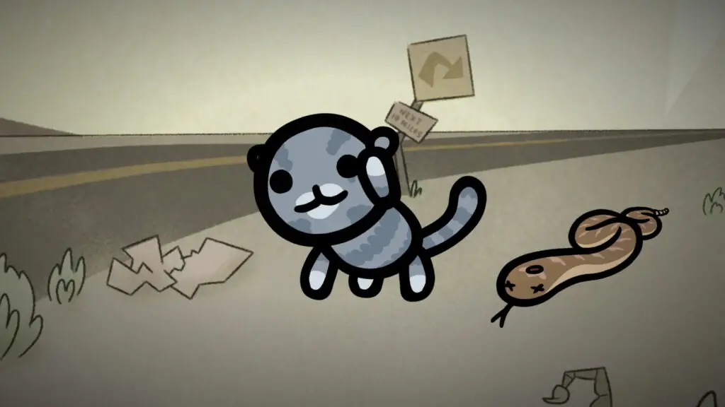 A blue cat character in Mewgenics standing in a desert environment next to a road and a dead snake.