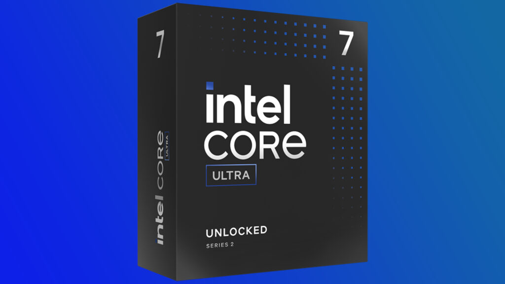 An Intel Core Ultra 7 265K box on a blue gradient background
