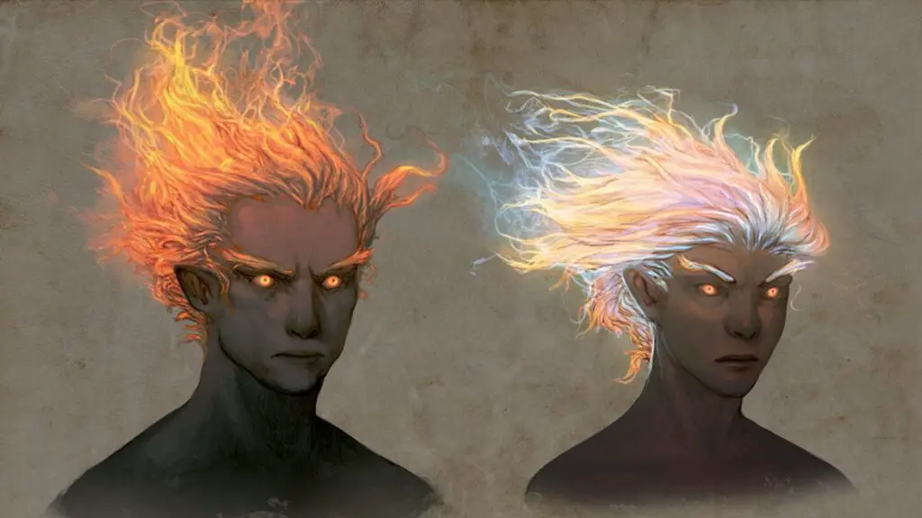 Two genasi with glowing eyes and hair from Neverwinter Nights 2 concept art.