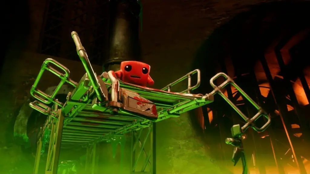 Meat Boy on a 3D metal bridge