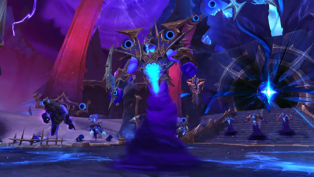 A raid boss in World of Warcraft: Midnight - an imposing void creature decked in armour, surrounded by a fleet of voidwalkers in front of a yawning dark portal.