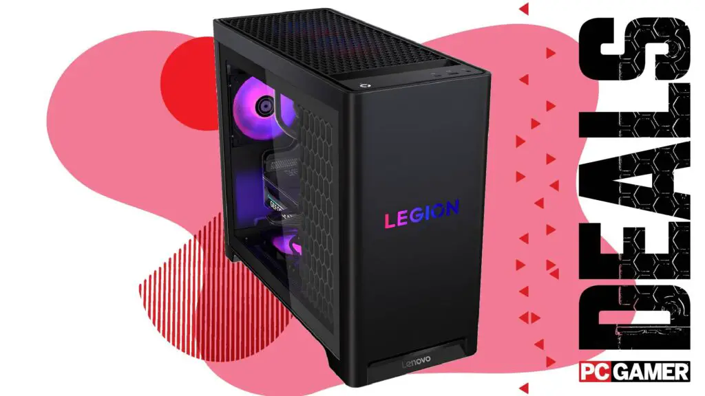 A Lenovo Legion Tower 5i gaming PC showcased on a tech testing bench.